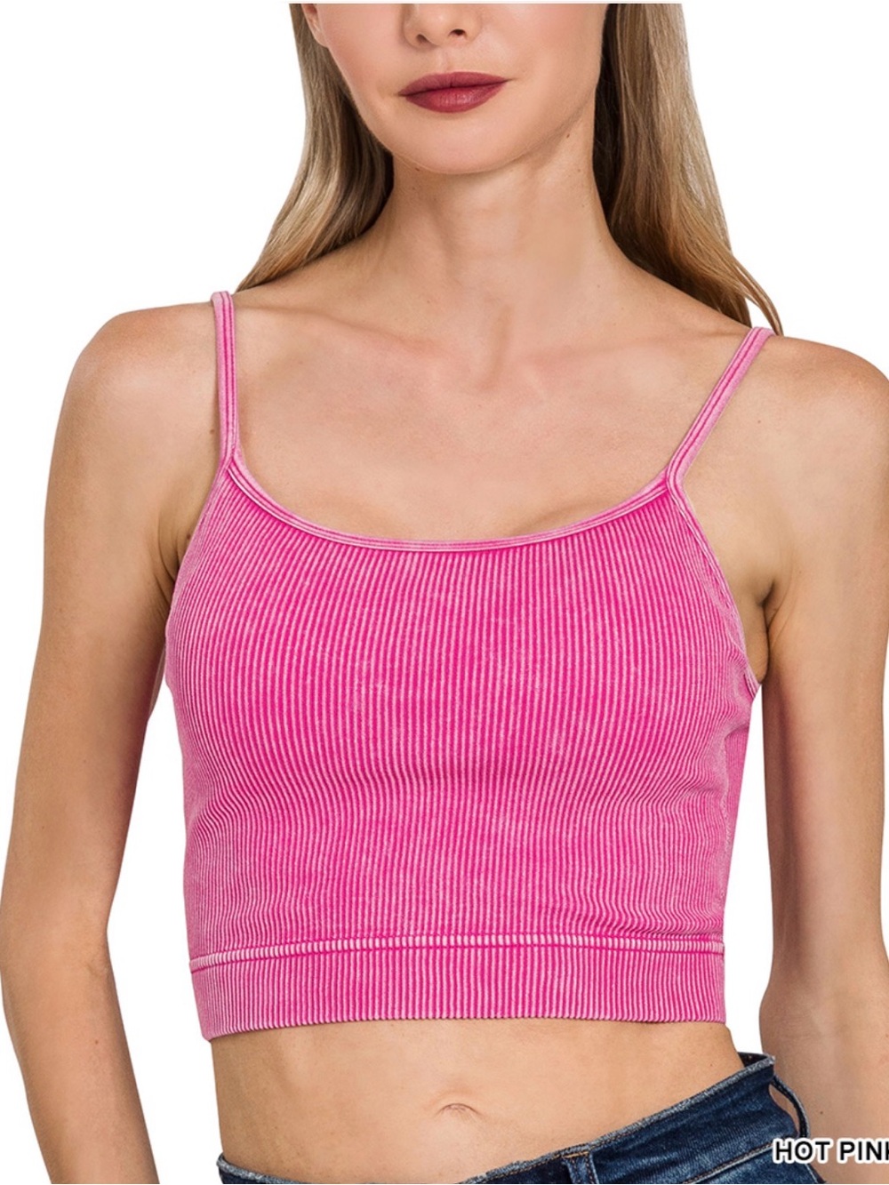 Zenana Outfitters Pink Ribbed Cropped Spaghetti Strap Cami